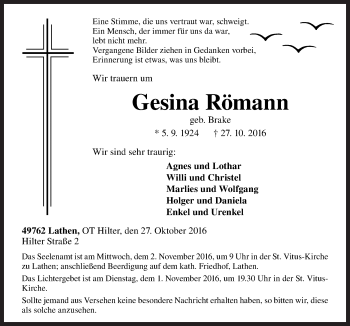 Traueranzeige von Gesina Römann von Neue Osnabrücker Zeitung GmbH & Co. KG