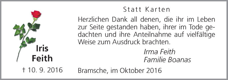  Traueranzeige für Iris Feith vom 08.10.2016 aus Neue Osnabrücker Zeitung GmbH & Co. KG