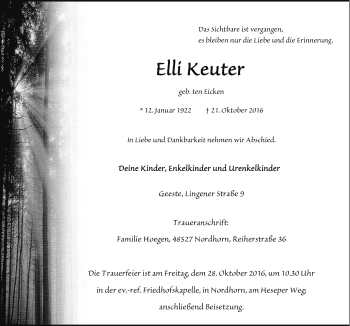 Traueranzeige von Elli Keuter von Neue Osnabrücker Zeitung GmbH & Co. KG