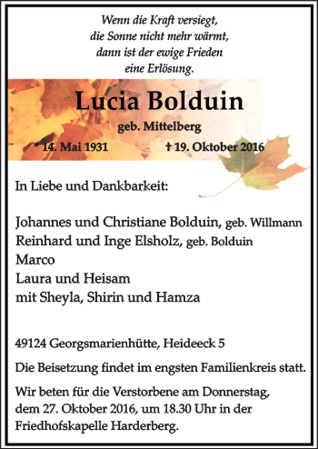 Traueranzeige von Lucia Bolduin von Neue Osnabrücker Zeitung GmbH & Co. KG