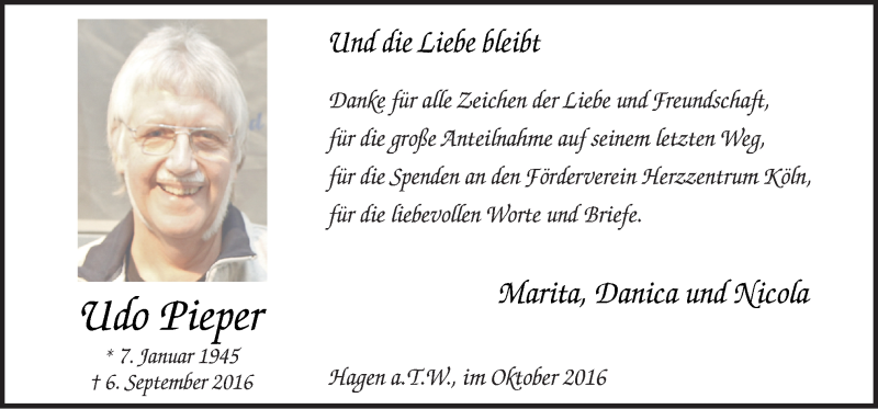  Traueranzeige für Udo Pieper vom 29.10.2016 aus Neue Osnabrücker Zeitung GmbH & Co. KG