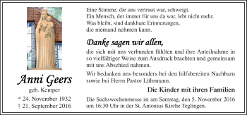 Traueranzeige von Anna Geers von Neue Osnabrücker Zeitung GmbH & Co. KG