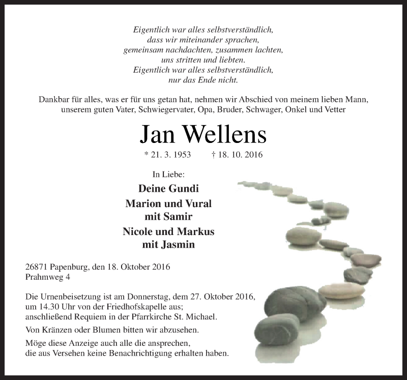  Traueranzeige für Jan Wellens vom 22.10.2016 aus Neue Osnabrücker Zeitung GmbH & Co. KG
