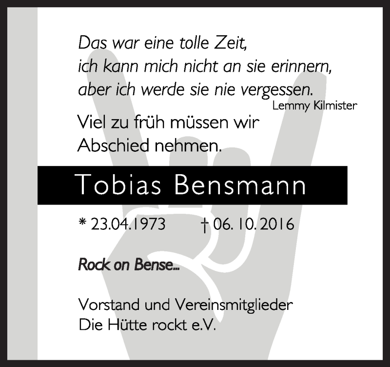  Traueranzeige für Tobias Bensmann vom 08.10.2016 aus Neue Osnabrücker Zeitung GmbH & Co. KG
