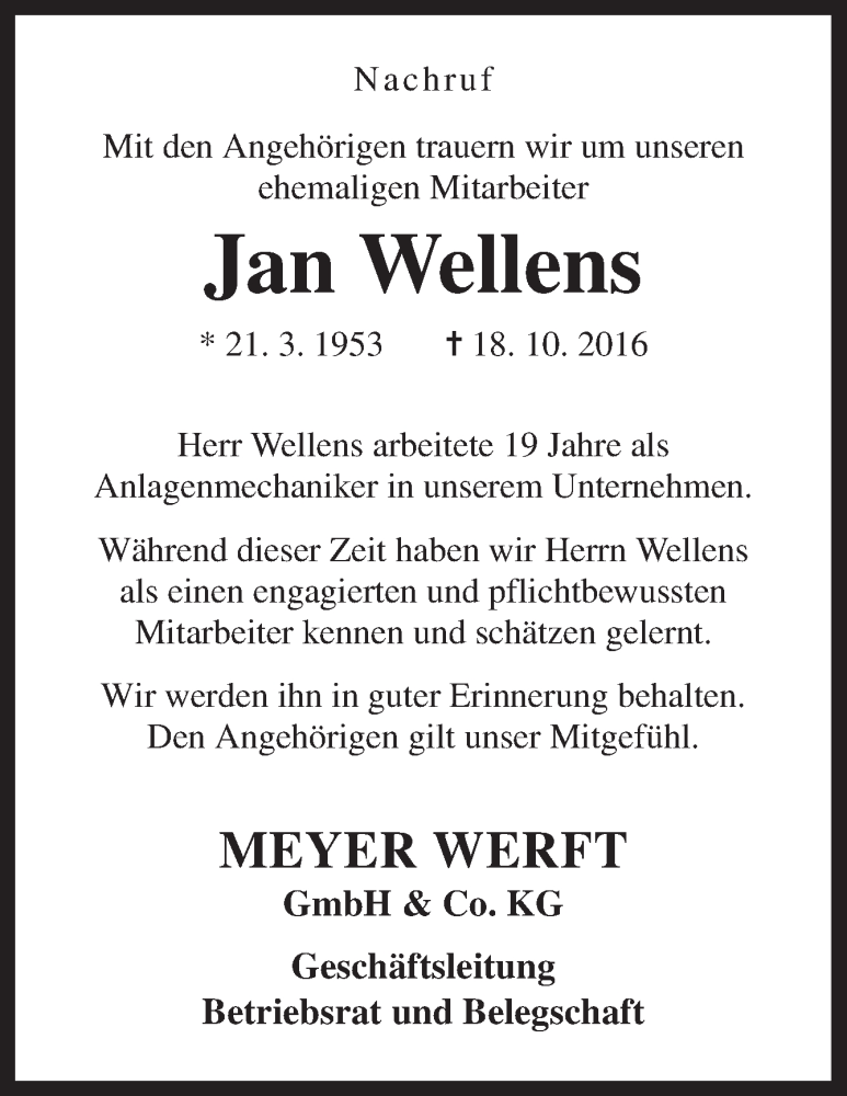  Traueranzeige für Jan Wellens vom 26.10.2016 aus Neue Osnabrücker Zeitung GmbH & Co. KG