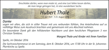 Traueranzeige von Hubert Thale von Neue Osnabrücker Zeitung GmbH & Co. KG