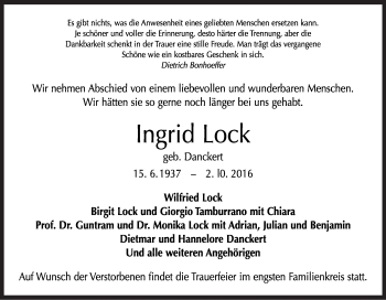 Traueranzeige von Ingrid Lock von Neue Osnabrücker Zeitung GmbH & Co. KG