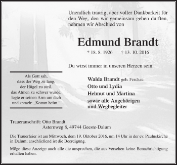 Traueranzeige von Edmund Brandt von Neue Osnabrücker Zeitung GmbH & Co. KG