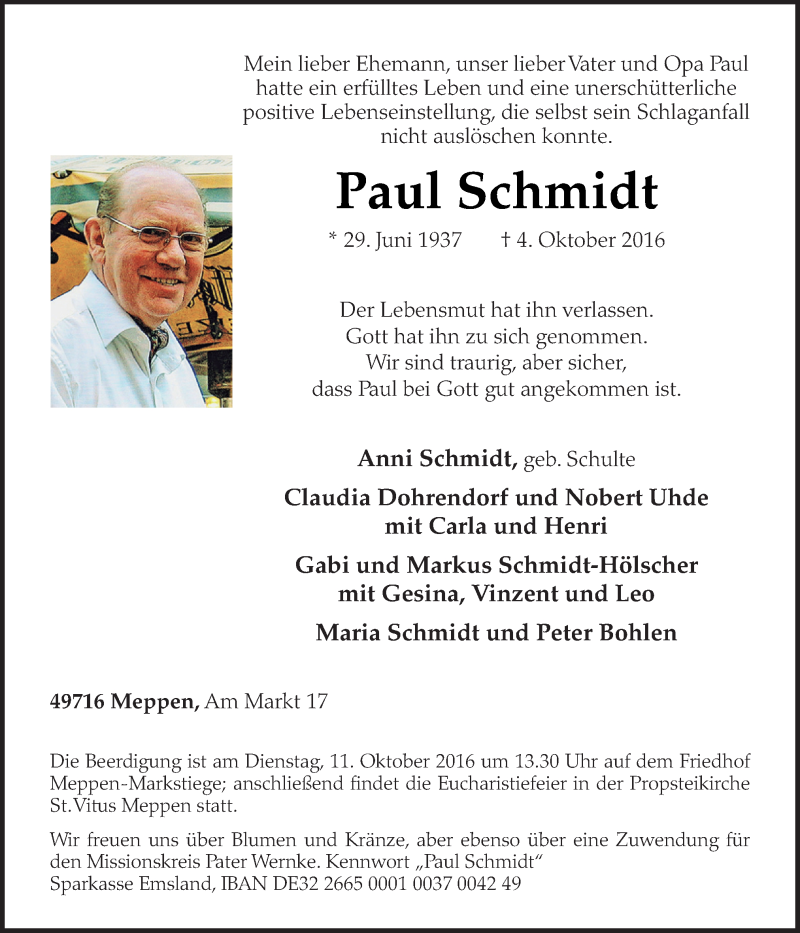  Traueranzeige für Paul Schmidt vom 07.10.2016 aus Neue Osnabrücker Zeitung GmbH & Co. KG