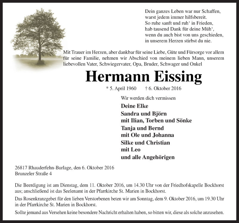  Traueranzeige für Hermann Eissing vom 08.10.2016 aus Neue Osnabrücker Zeitung GmbH & Co. KG