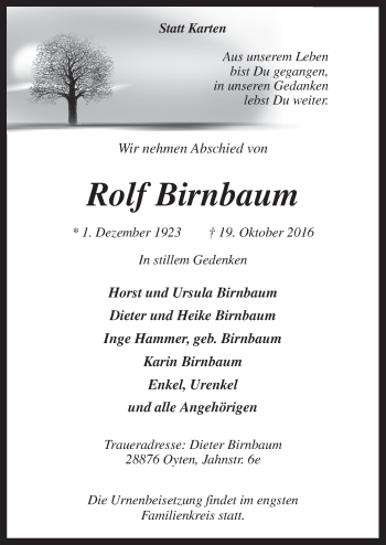 Traueranzeige von Rolf Birnbaum von Neue Osnabrücker Zeitung GmbH & Co. KG