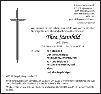 Traueranzeige von Thea Steinbild von Neue Osnabrücker Zeitung GmbH & Co. KG