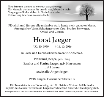 Traueranzeige von Horst Jaeger von Neue Osnabrücker Zeitung GmbH & Co. KG