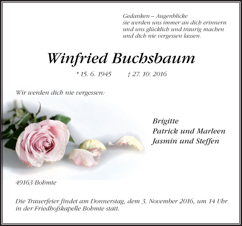  Traueranzeige für Winfried Buchsbaum vom 29.10.2016 aus Neue Osnabrücker Zeitung GmbH & Co. KG