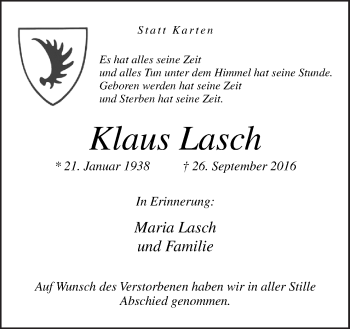 Traueranzeige von Klaus Lasch von Neue Osnabrücker Zeitung GmbH & Co. KG