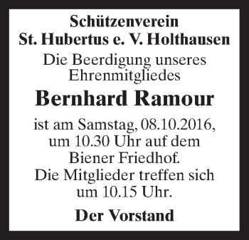 Traueranzeige von Bernhard Ramour von Neue Osnabrücker Zeitung GmbH & Co. KG