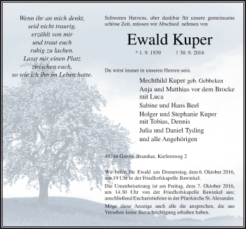 Traueranzeige von Ewald Kuper von Neue Osnabrücker Zeitung GmbH & Co. KG