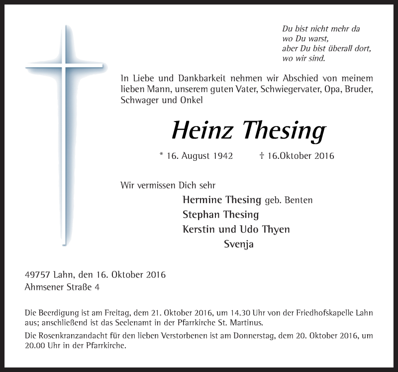  Traueranzeige für Heinz Thesing vom 18.10.2016 aus Neue Osnabrücker Zeitung GmbH & Co. KG