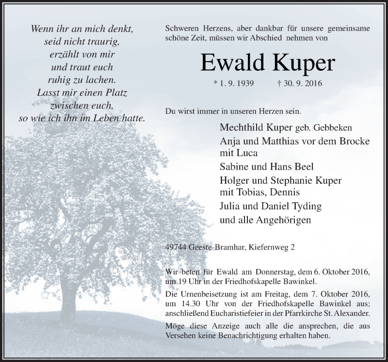  Traueranzeige für Ewald Kuper vom 04.10.2016 aus Neue Osnabrücker Zeitung GmbH & Co. KG