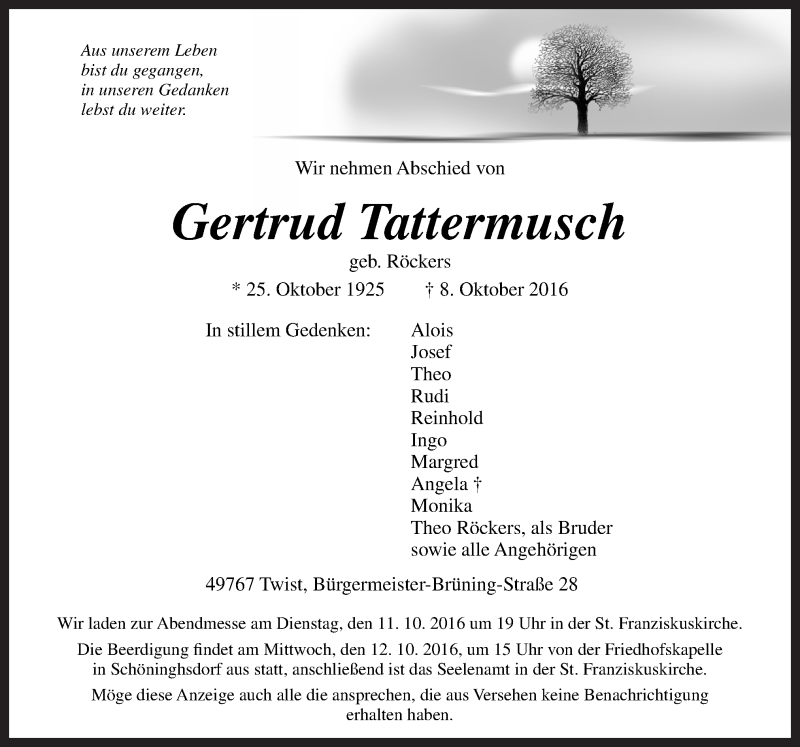  Traueranzeige für Gertrud Tattermusch vom 10.10.2016 aus Neue Osnabrücker Zeitung GmbH & Co. KG