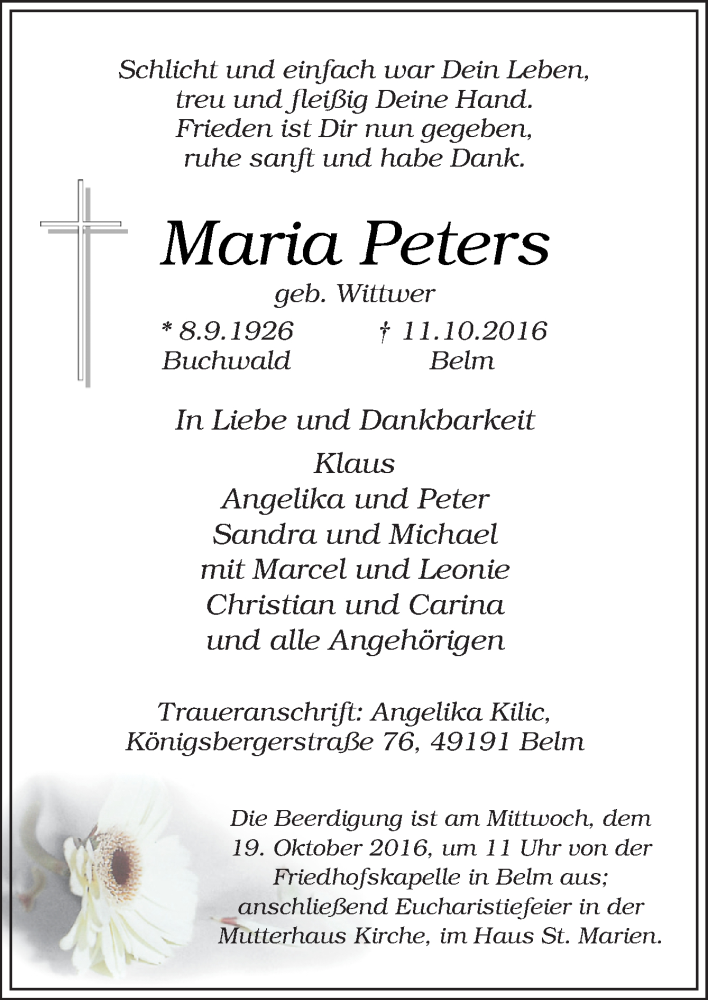  Traueranzeige für Maria Peters vom 15.10.2016 aus Neue Osnabrücker Zeitung GmbH & Co. KG