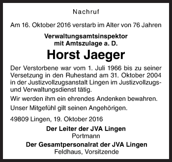 Traueranzeige von Horst Jaeger von Neue Osnabrücker Zeitung GmbH & Co. KG