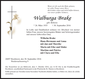 Traueranzeige von Walburga Brake von Neue Osnabrücker Zeitung GmbH & Co. KG