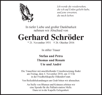 Traueranzeige von Gerhard Schröder von Neue Osnabrücker Zeitung GmbH & Co. KG