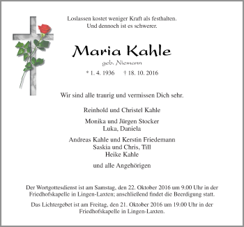 Traueranzeige von Maria Kahle von Neue Osnabrücker Zeitung GmbH & Co. KG