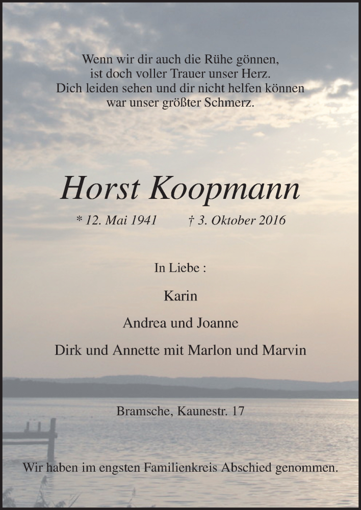  Traueranzeige für Horst Koopmann vom 12.10.2016 aus Neue Osnabrücker Zeitung GmbH & Co. KG