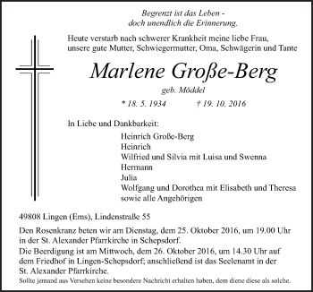 Traueranzeige von Marlene Große-Berg von Neue Osnabrücker Zeitung GmbH & Co. KG