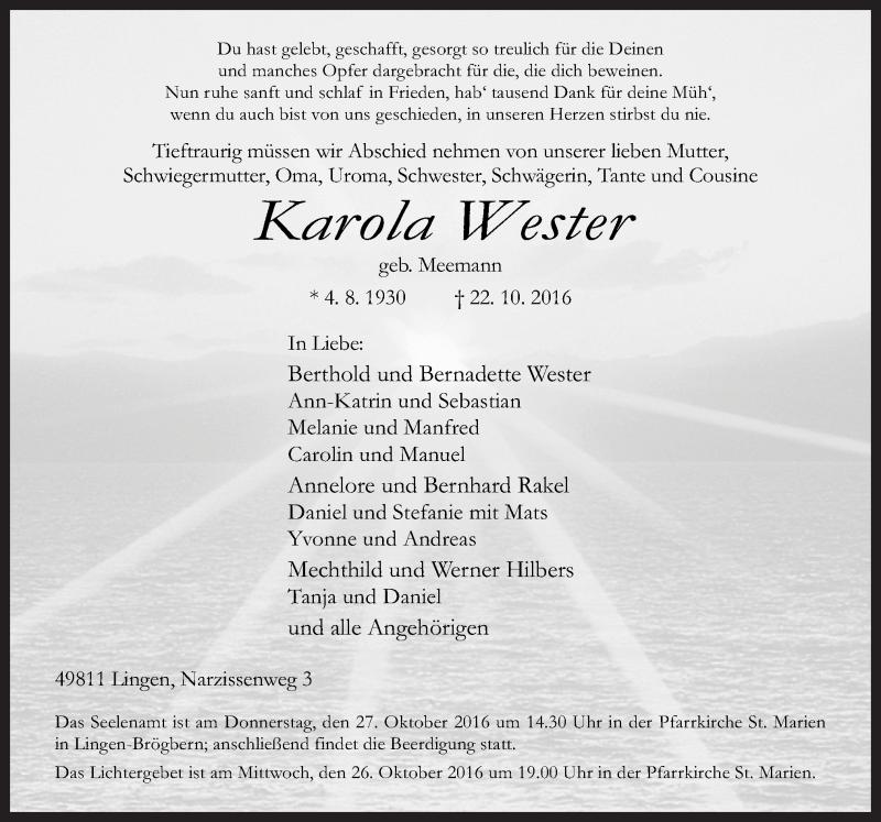  Traueranzeige für Karola Wester vom 25.10.2016 aus Neue Osnabrücker Zeitung GmbH & Co. KG