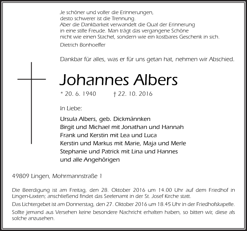  Traueranzeige für Johannes Albers vom 25.10.2016 aus Neue Osnabrücker Zeitung GmbH & Co. KG