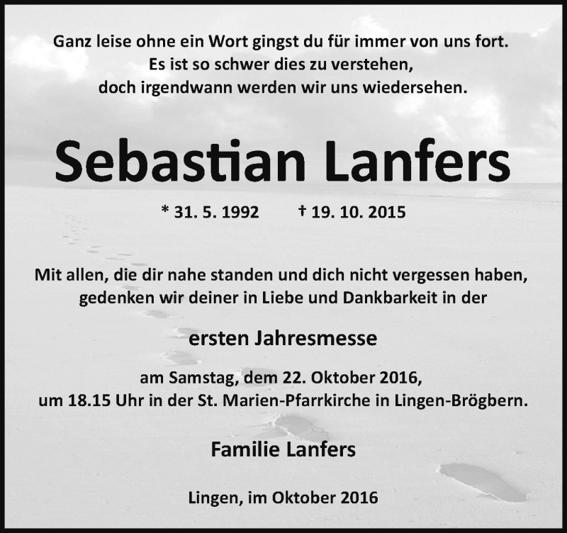  Traueranzeige für Sebastian Lanfers vom 19.10.2016 aus Neue Osnabrücker Zeitung GmbH & Co. KG