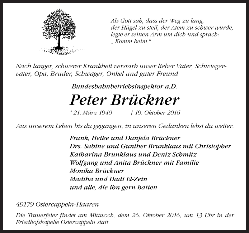  Traueranzeige für Peter Brückner vom 24.10.2016 aus Neue Osnabrücker Zeitung GmbH & Co. KG