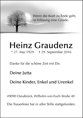 Traueranzeige von Heinz Graudenz von Neue Osnabrücker Zeitung GmbH & Co. KG