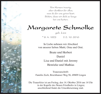 Traueranzeige von Margarete Schmolke von Neue Osnabrücker Zeitung GmbH & Co. KG