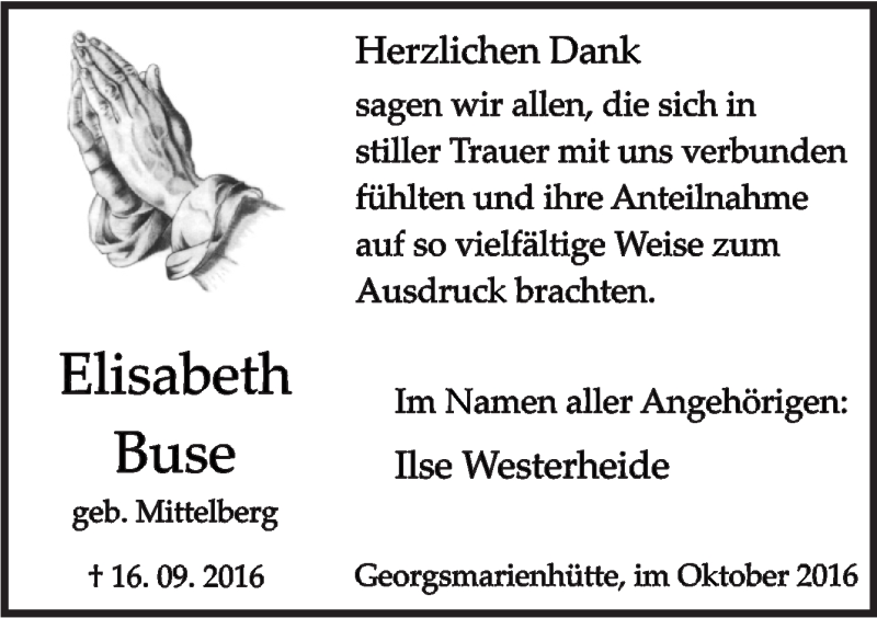  Traueranzeige für Elisabeth Buse vom 29.10.2016 aus Neue Osnabrücker Zeitung GmbH & Co. KG