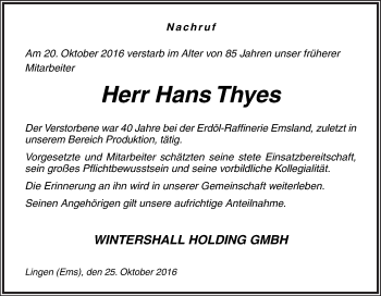 Traueranzeige von Hans Thyes von Neue Osnabrücker Zeitung GmbH & Co. KG