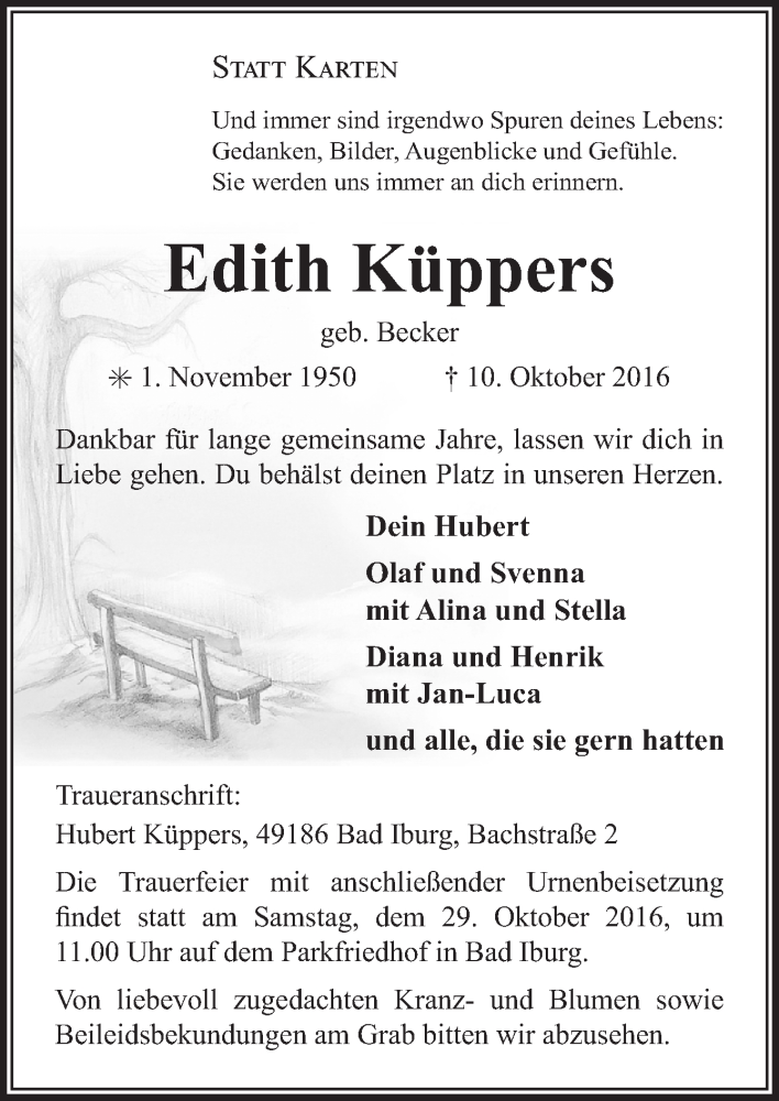  Traueranzeige für Edith Küppers vom 22.10.2016 aus Neue Osnabrücker Zeitung GmbH & Co. KG