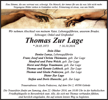 Traueranzeige von Thomas Zur Lage von Neue Osnabrücker Zeitung GmbH & Co. KG