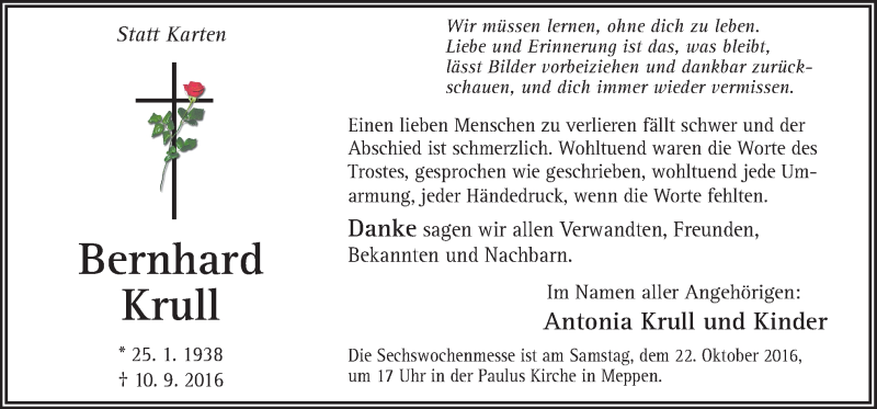  Traueranzeige für Bernhard Krull vom 18.10.2016 aus Neue Osnabrücker Zeitung GmbH & Co. KG