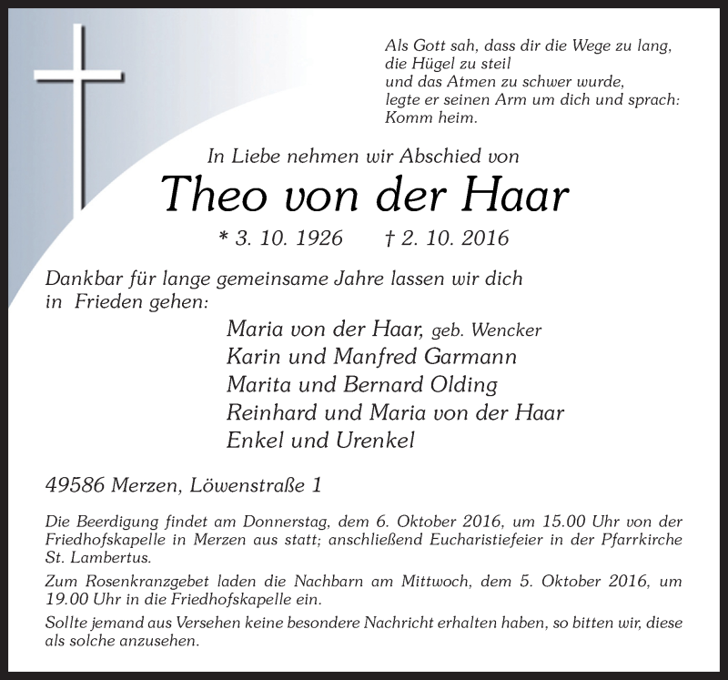  Traueranzeige für Theo von der Haar vom 04.10.2016 aus Neue Osnabrücker Zeitung GmbH & Co. KG