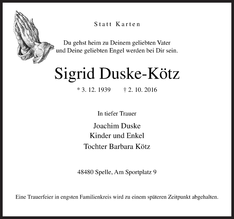  Traueranzeige für Sigrid Duske-Kötz vom 22.10.2016 aus Neue Osnabrücker Zeitung GmbH & Co. KG