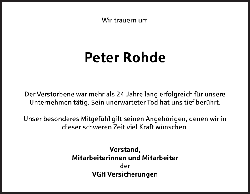  Traueranzeige für Peter Rohde vom 25.11.2016 aus Neue Osnabrücker Zeitung GmbH & Co. KG