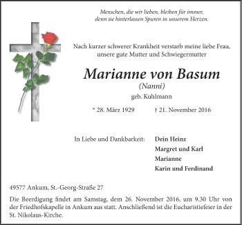 Traueranzeige von Marianne von Basum von Neue Osnabrücker Zeitung GmbH & Co. KG