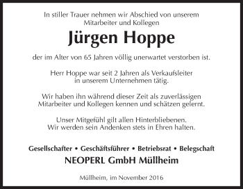 Traueranzeige von Jürgen Hoppe von Neue Osnabrücker Zeitung GmbH & Co. KG