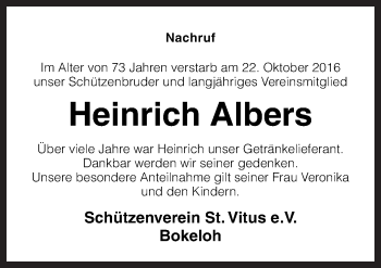 Traueranzeige von Heinrich Albers von Neue Osnabrücker Zeitung GmbH & Co. KG