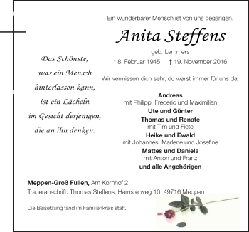 Traueranzeige von Anita Steffens von Neue Osnabrücker Zeitung GmbH & Co. KG