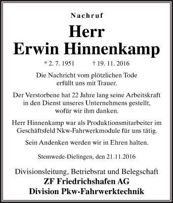 Traueranzeige von Erwin Hinnenkamp von Neue Osnabrücker Zeitung GmbH & Co. KG